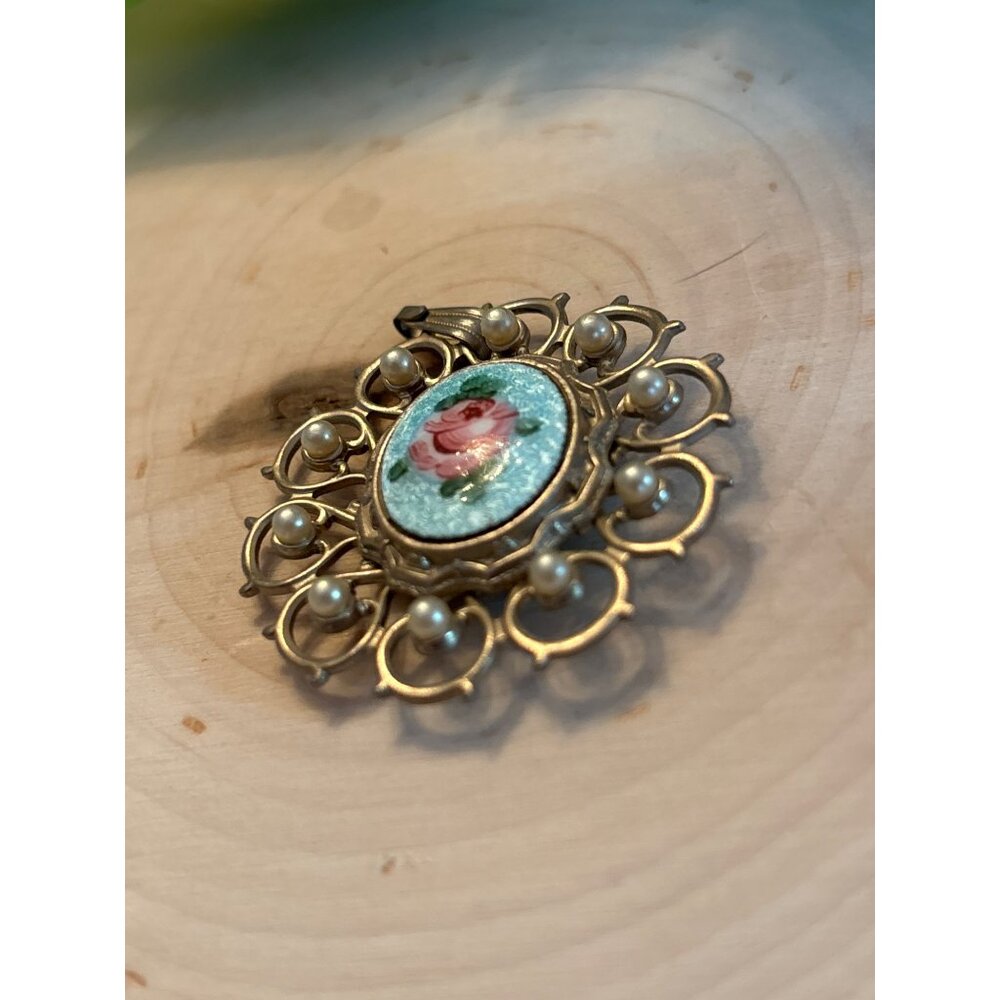Vintage Gold-Tone Pendant With Rose Enamel  Romantic Rose Pendant Gold Tone - Picture 5 of 9